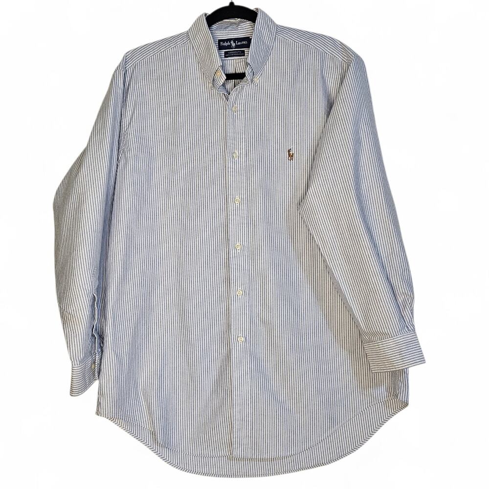 Ralph Lauren Seersucker Blue Striped Cotton Button down shirt sz 16/33 M L